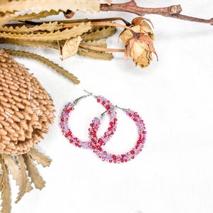 40mm| Watermelon Pink beaded hoop earrings
