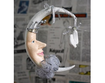 Beautiful Silver Moon Ornament, Moon Miniature, Christmas Ornament, Weird Ornament Collection