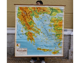 Geofysische kaart van Griekenland, Vintage School Kaart van Griekenland, Klaskaart, Oude Grafiek, Pull Down Kaart, Grote Kaart, Climax 1:600.000, Oude Griekse Kaart