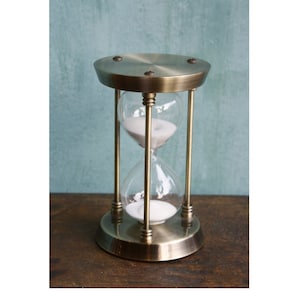 Brass Glass Hourglass, Brass Sandglass, 15 minute hourglass, White Sand hourglass, Vintage Sandglass, Hourglass, White Hourglass, Sand Clock