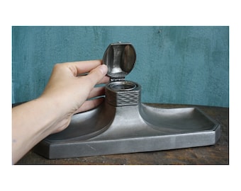 Pewter Inkwell & Pen Stand, Vintage Pen Stand, Art Nouveau Inkwell, Office Decoration, Brescia Peltro, 95% Pewter, Vintage Office Inkwell,