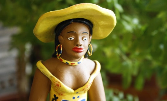 Rare Vintage Handmade Ceramic Woman Figurine, Latin American Art, Multicolor Pattern, Ethnic Decoration, Bohemian Decoration, From 80's