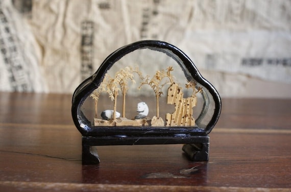 Mini Vintage Cork Diorama , Panda Bamboo Forest Diorama, Japanese