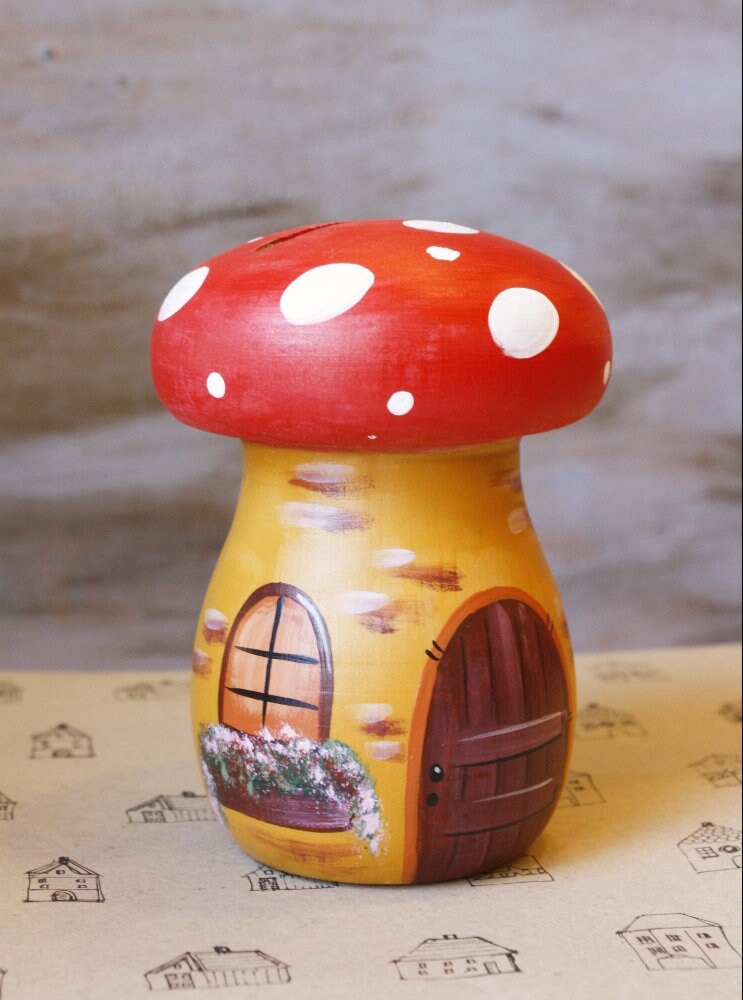 Greek Wooden Moneybox Hand Painted Money Box Mushroom Etsy