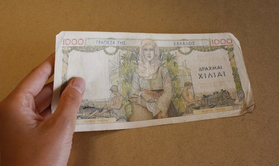 ギリシャ紙幣、1000ドラクマ 1935年、初版、美しい本物の伝統的な女性
