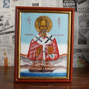 Hand geschilderd Sinterklaas icoon, christelijk-orthodox icoon, handgemaakt, Grieks-orthodoxe kunst, Byzantijnse kunst, handgeschilderd, Saint Nikolas