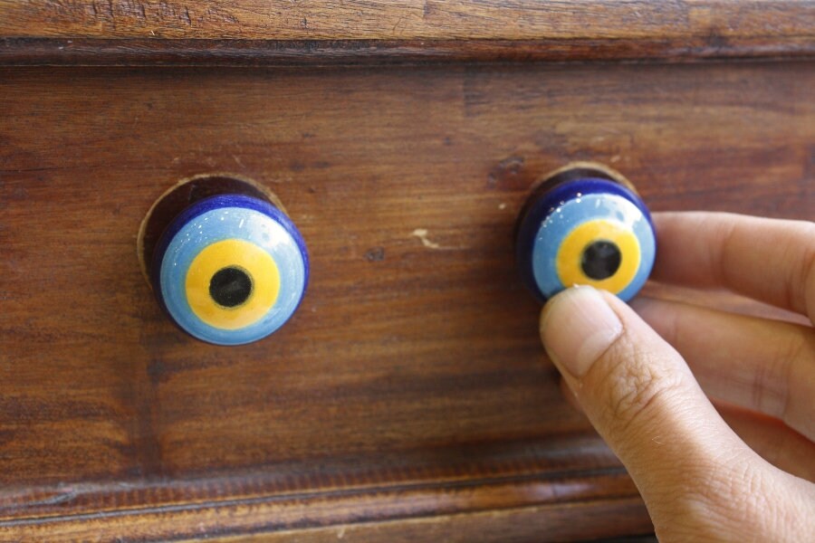 青い邪眼が描かれた丸いセラミックノブ6個セット、ヴィンテージマティ