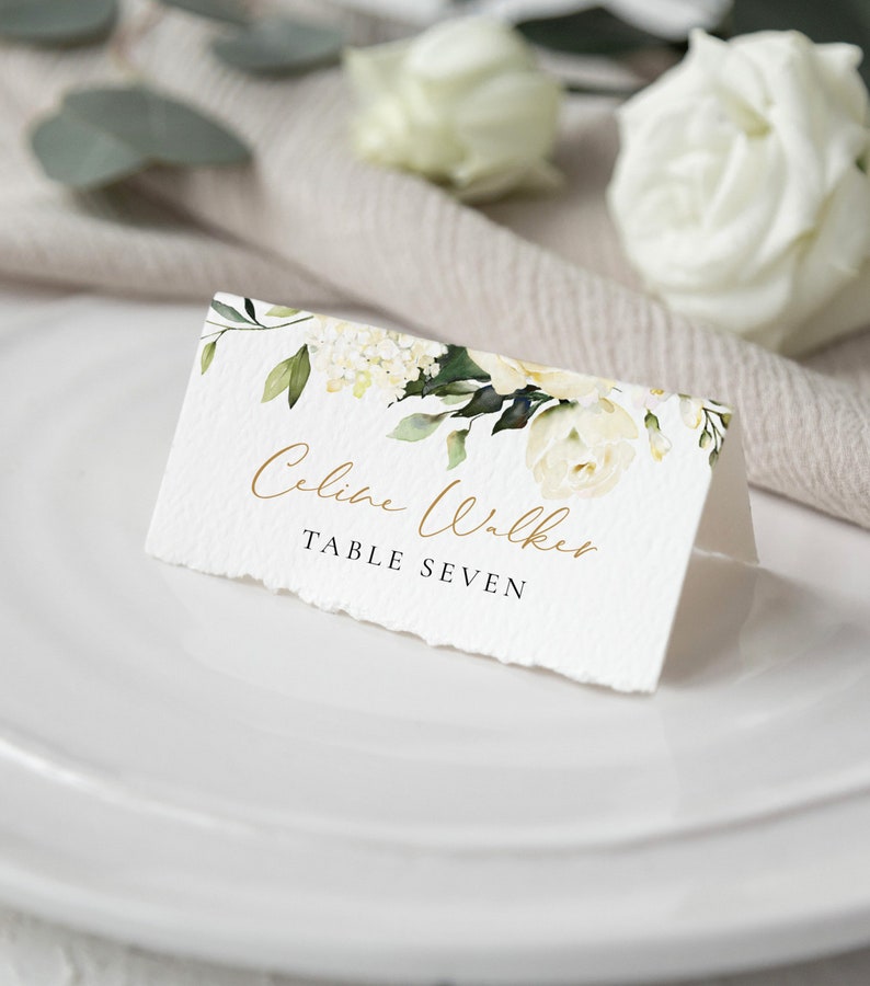 Wedding Place Card Template With Watercolor Cream Florals & Etsy Wedding Place Card Template With Watercolor Cream Florals & Etsy