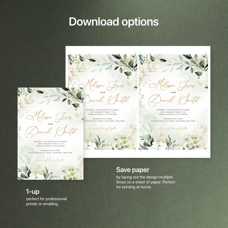 Editable Templates AB24/_02/_000 Wedding Invitation Bundle with Watercolor Lush Greenery and Gold Details Card Envelope Liner Reply Card