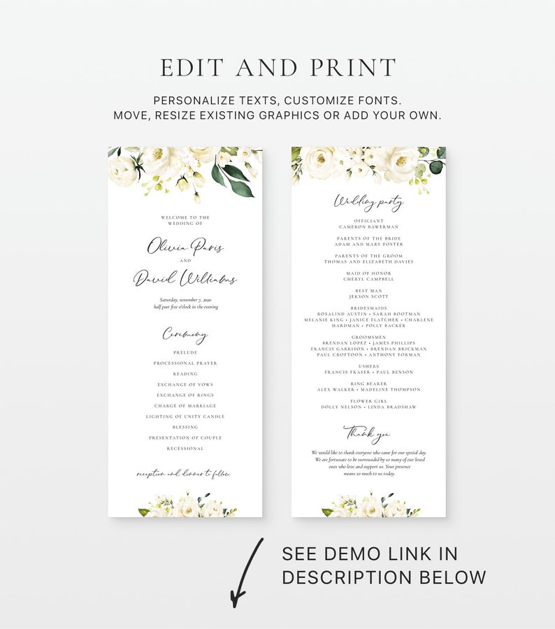 Two Sided Wedding Program Template with Watercolor White Roses Etsy