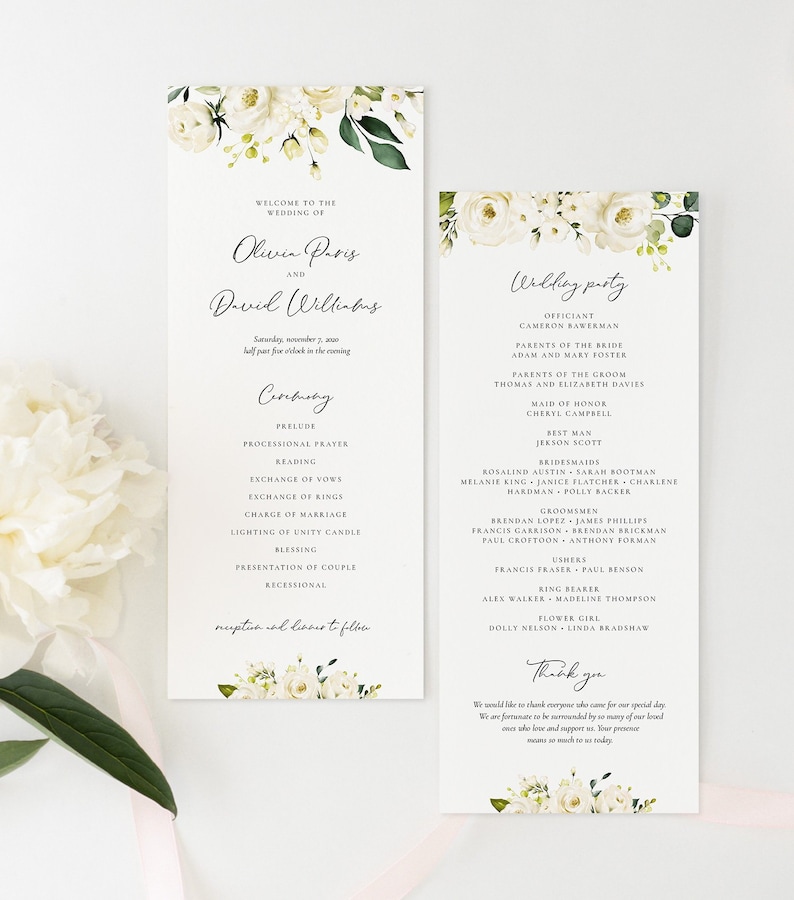 Two Sided Wedding Program Template with Watercolor White Roses Etsy