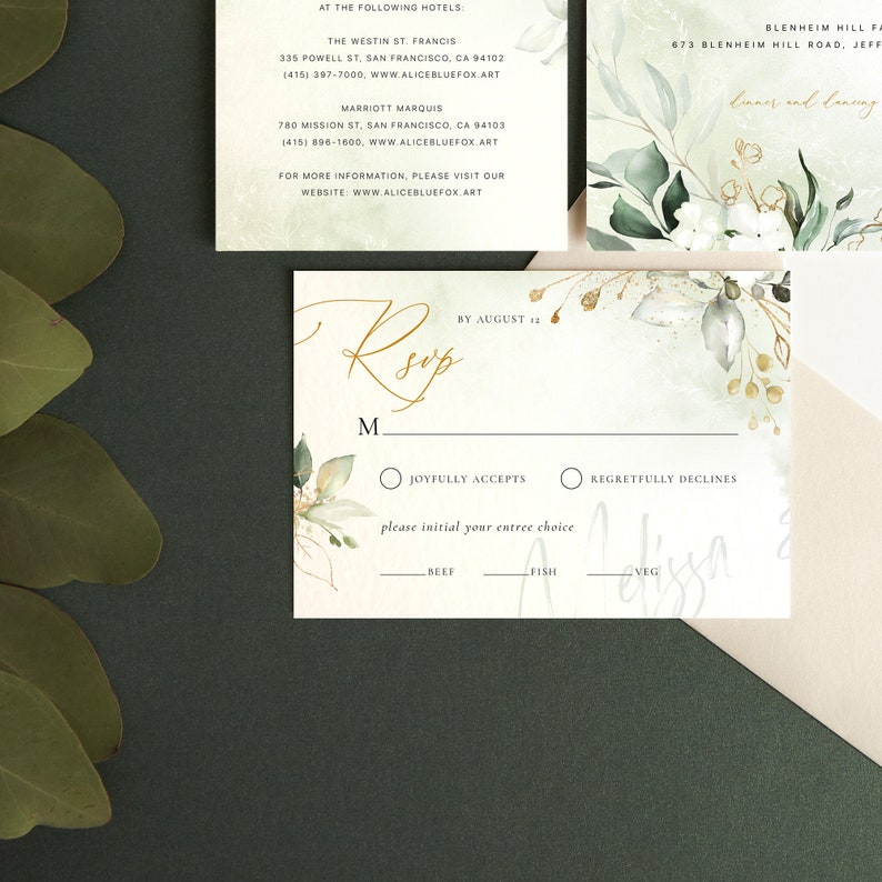 Editable Templates AB24/_02/_000 Wedding Invitation Bundle with Watercolor Lush Greenery and Gold Details Card Envelope Liner Reply Card