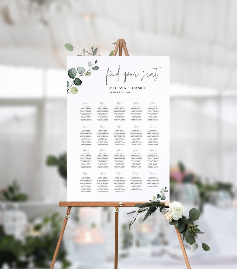 Wedding Guest Seating Chart Template with Hand-Painted Watercolor Eucalyptus