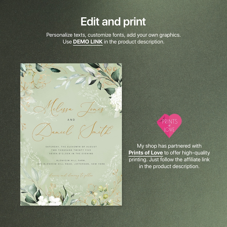 Editable Templates AB24/_02/_000 Wedding Invitation Bundle with Watercolor Lush Greenery and Gold Details Card Envelope Liner Reply Card