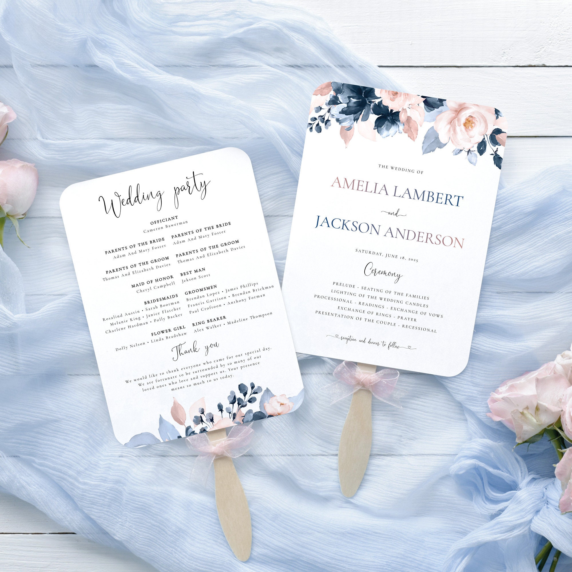Wedding Fan Program Template With Watercolor Dusty Blue and Etsy