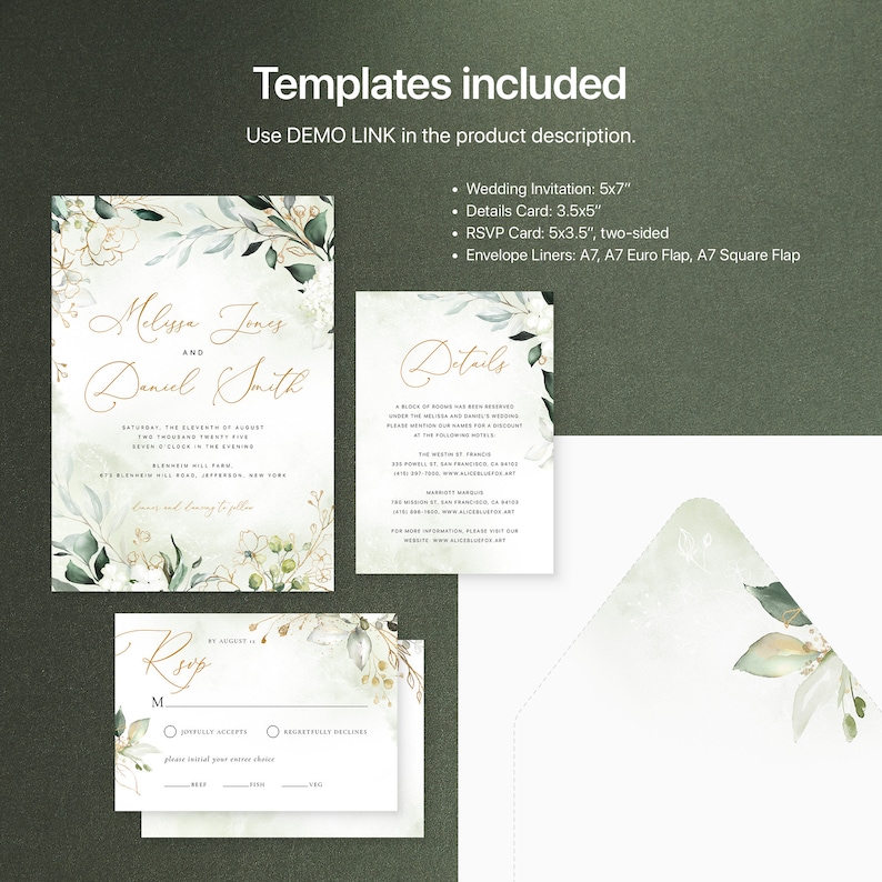 Editable Templates AB24/_02/_000 Wedding Invitation Bundle with Watercolor Lush Greenery and Gold Details Card Envelope Liner Reply Card