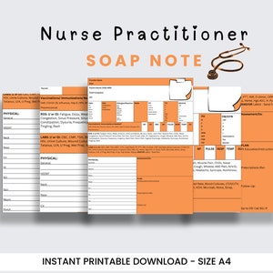 Könnte beinhalten: Druckbare SOAP-Notizvorlage für Krankenschwestern. Die Vorlage ist orange und weiß mit einer Stethoskopgrafik. Die Vorlage enthält Abschnitte für die körperliche Untersuchung, Laboruntersuchungen, Medikamente und den Plan.