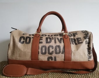 Burlap and Leather/Recycled/Baggage Weekend Bag