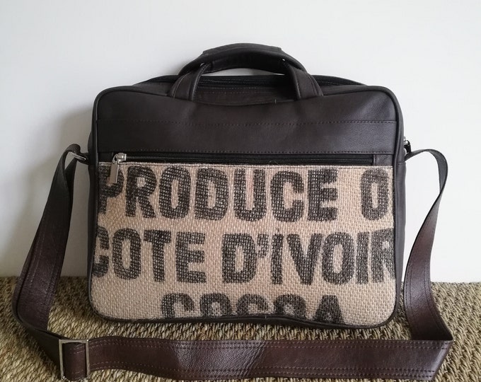 Besace en cuir et toile de jute / attaché case / sac ordinateur / sacoche de travail