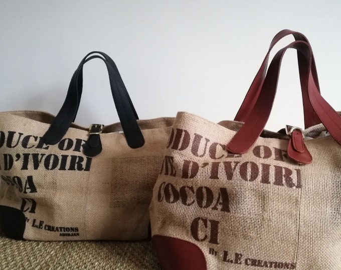 Cabas / sac en toile de jute et wax / sac de plage / recyclé / anse et renforts en cuir