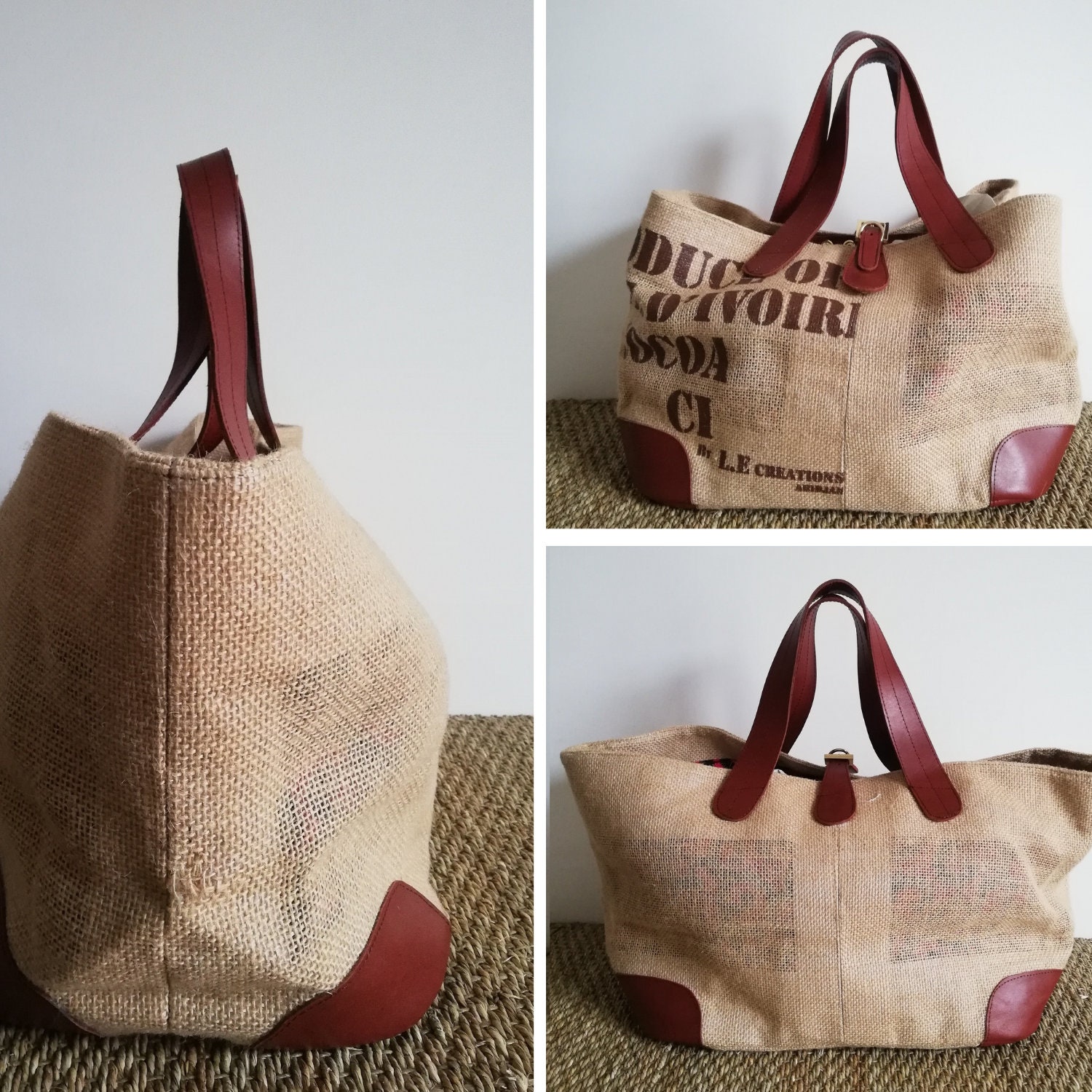 Cabas / sac en toile de jute et wax / sac de plage / recyclé / anse et ...