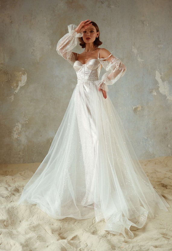 Vestido de novia DAMICO con falda de tul desmontable y mangas - Etsy México Vestido de novia DAMICO con falda de tul desmontable y mangas - Etsy México