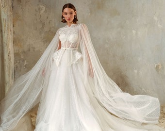 A-line wedding dress GRASSO with detachable basque and long detachable sleeves