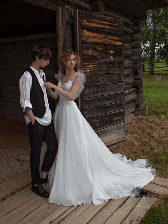 audiencia lección Cívico Vestido de novia MELENTIA con mangas largas transparentes - Etsy España