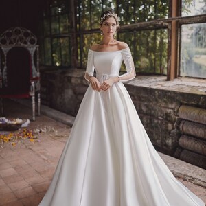 A-line Satin Wedding Dress ELIZA With Long Sleeves and Detachable Belt ...