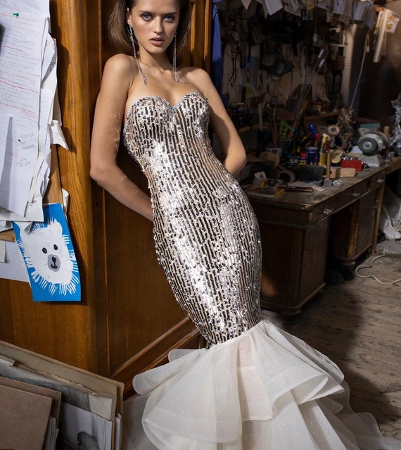 Mermaid Wedding Dress CHESSA With Big Gold Sequins and Puffy Train