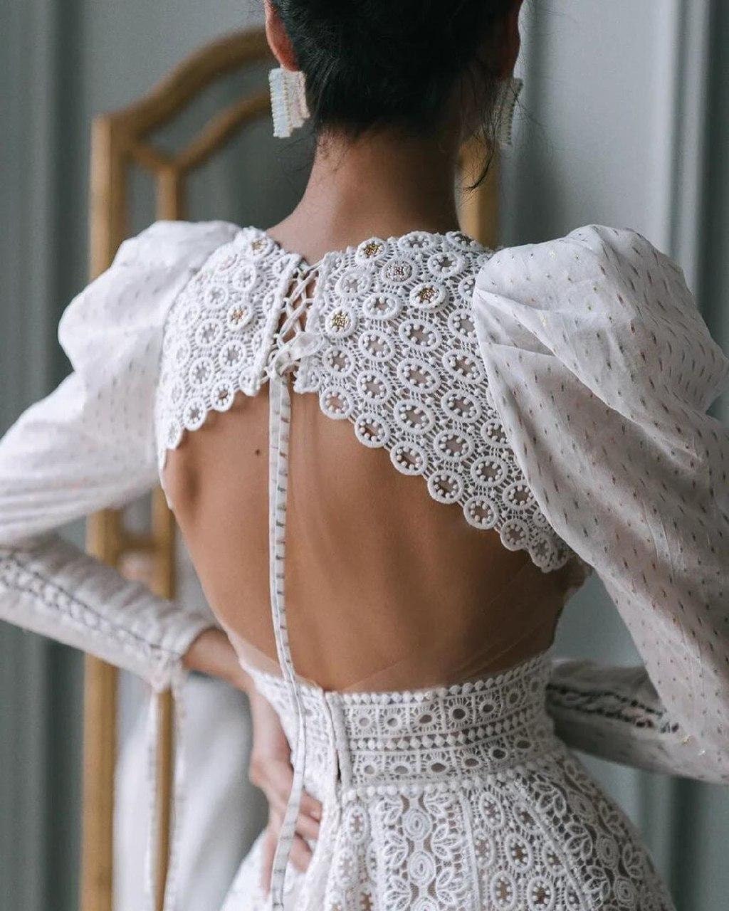 A-line Lace Backless Weding Dress ZABAVA With Long Balloon Sleeves and  Train - Etsy