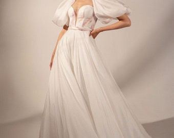 A-line silk strapless wedding dress TSVETANA with long train