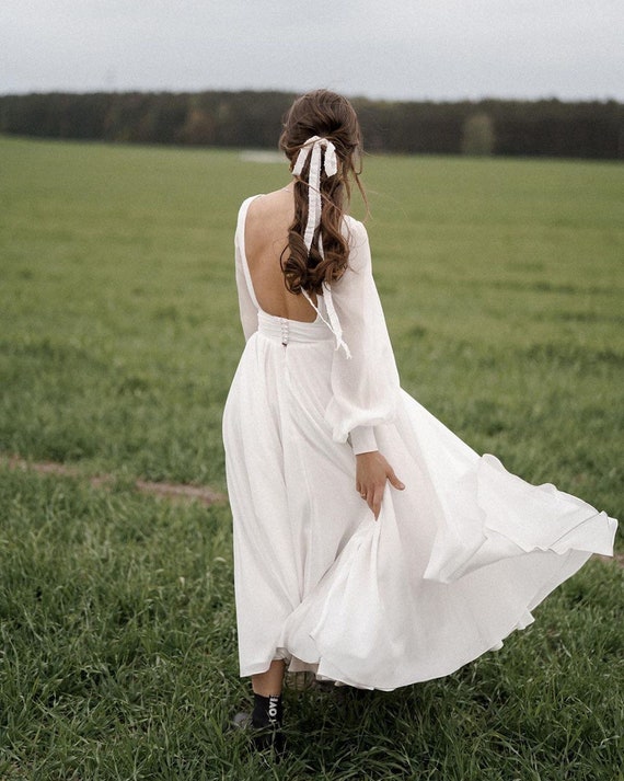 Midi A line Open Back Chiffon Wedding Dress PAULINA With Long