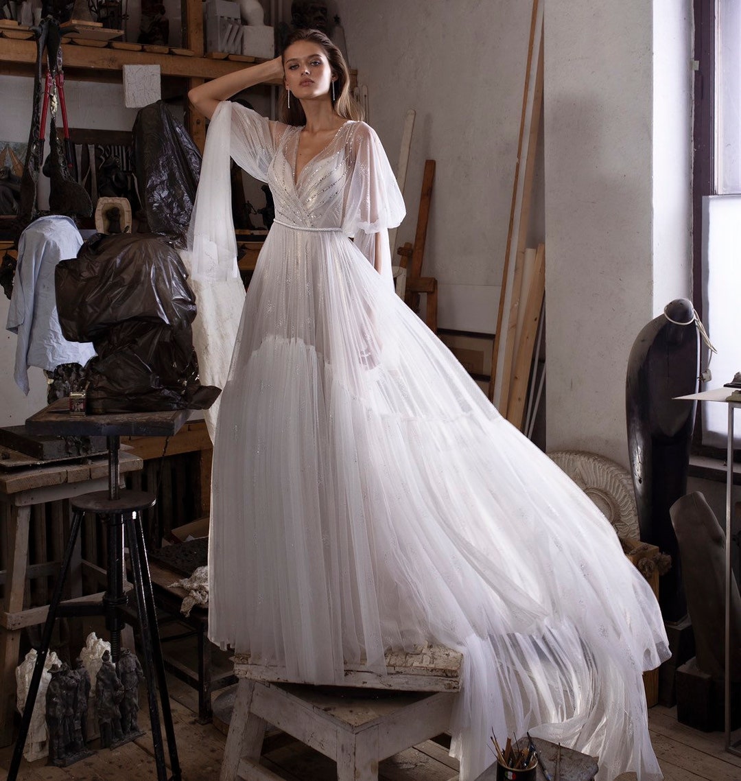 Wedding Dress BIVIA With Wing Sleeves and Long Train A-line Wedding ...