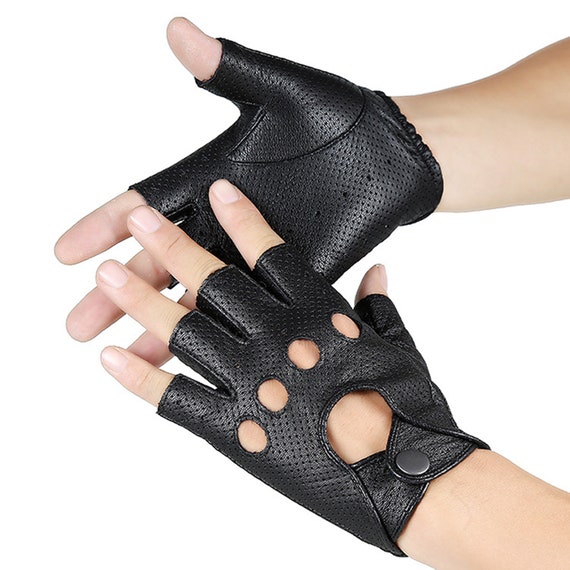 Crochet Sin Dedos ovejas cuero napa color piel para hombre Guantes de conducción Vestido Retro Negro Nuevo