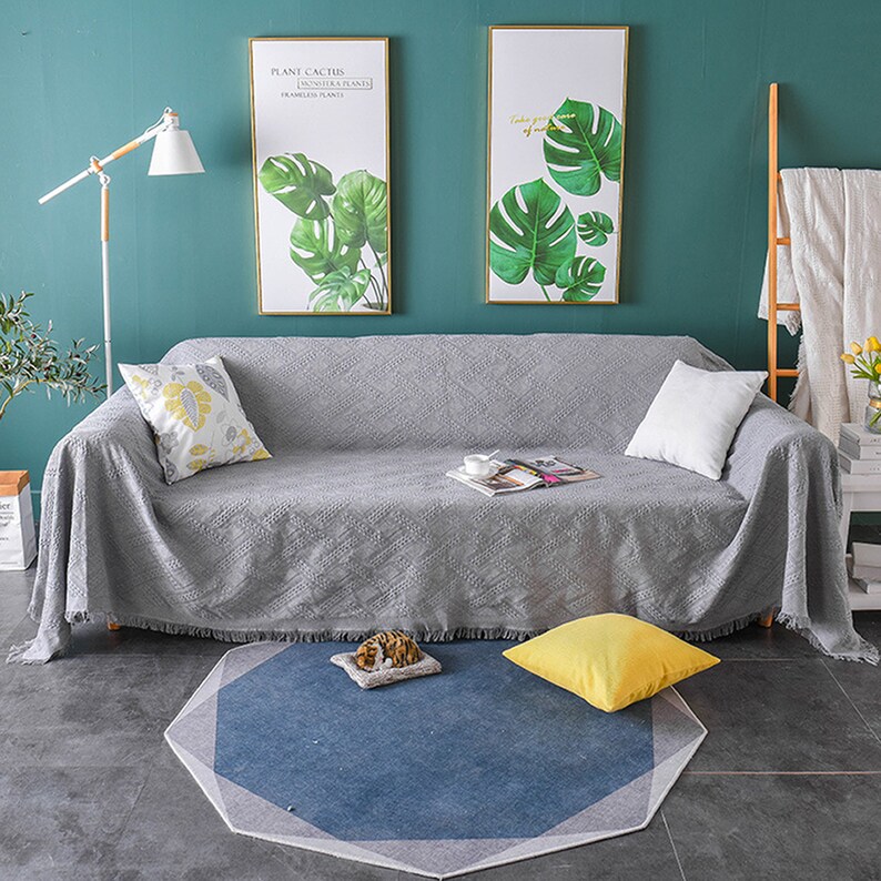 Sofa Throw Cover Couch Chair Blanket Recliner Loveseat Armchair Sectional Seat Cushion Furniture Protector Decor Cotton Knit Gray
