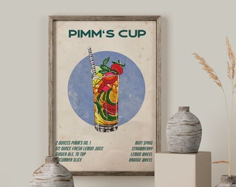 Pimm's Cup Classic Cocktail Print, Printable Vintage Style Cocktail Poster, Cocktail Recipe Digital Wall Art, Retro Style Bar Wall Decor,