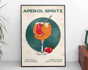 Aperol Spritz Printable Vintage Style Poster, Cocktail Recipe Digital Wall Art, Retro Style Cocktail Wall Decor, Aperol Spritz Print