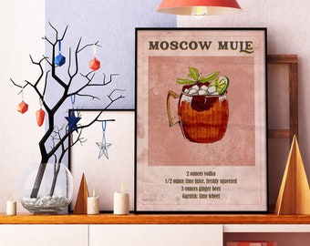 Moscow Mule Cocktail Artwork, Vintage Bar Art Printable, Signature Cocktail, Cocktail Recipe Wall Art, Cocktail Poster, Retro Bar Cart Art,