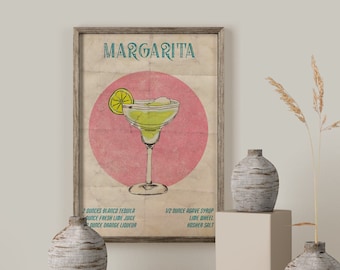 Margarita Cocktail Printable Vintage Style Poster, Retro Style Bar Wall Decor, Cocktail Recipe Digital Wall Art, Summer Cocktail Print