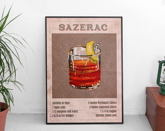 Sazerac Cocktail Printable Vintage Style Poster, Retro Style Cocktail Wall Decor, Cocktail Recipe Digital Wall Art, Home Bar Wall Art