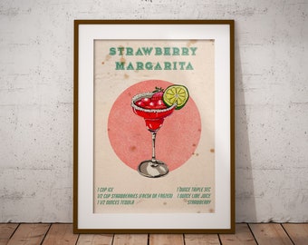 Strawberry Margarita Cocktail Art Printable,  Vintage Style Poster, Cocktail Recipe Poster, Cocktail Wall Art, Retro Cocktail Print,