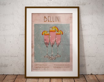 Bellini Cocktail Recipe Poster, Printable Vintage Bar Wall Art
