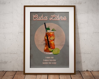 Cuba Libre Cocktail Art Printable, Cocktail Recipe Wall Art, Cocktail Poster, Cocktail Wall Decor, Vintage Bar Poster, Retro Cocktail Print