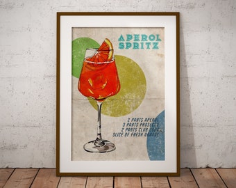 Aperol Spritz Printable Vintage Style Poster, Aperol Spritz Print, Cocktail Recipe Digital Wall Art, Retro Style Cocktail Wall Decor