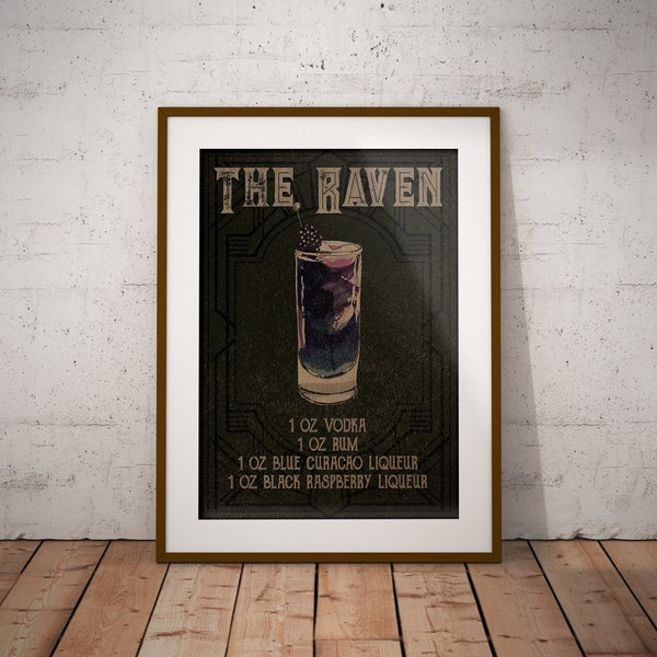 The Raven Vintage Cocktail Poster, Printable Cocktail Art, Cocktail Wall Art, Gothic Cocktail Recipe Wall Art, Retro Bar Wall Decor,