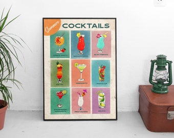 Summer Cocktails Digital Wall Art, Cocktail Printable Vintage Style Poster, Classic Cocktail Print,  Bar Wall Decor,