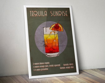 Tequila Sunrise Cocktail Art Printable, Cocktail Print, Vintage Cocktail Poster, Retro Bar Cart Art, Cocktail Recipe Wall Art,