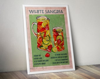 White Sangria Printable Vintage Style Poster, Summer Cocktail Recipe Digital Wall Art, White Sangria Print