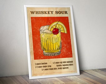 Whiskey Sour Cocktail Recipe Wall Art, Vintage Cocktail Artwork, Printable Drinks Poster, Cocktail Print, Bar Cart Art, Cocktail Wall Decor